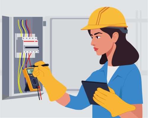 Illustrazione: elettricista che esegue misure su un quadro elettrico