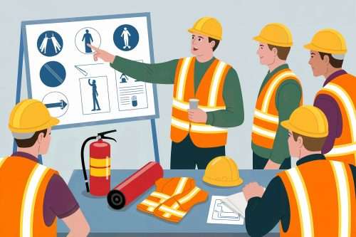 Illustrazione: formatore che spiega la sicurezza a un gruppo di lavoratori con i dispositivi di protezione