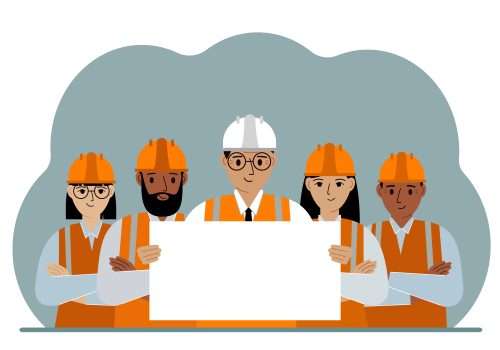 Illustrazione: gruppo di lavoratori con i caschi riuniti insieme