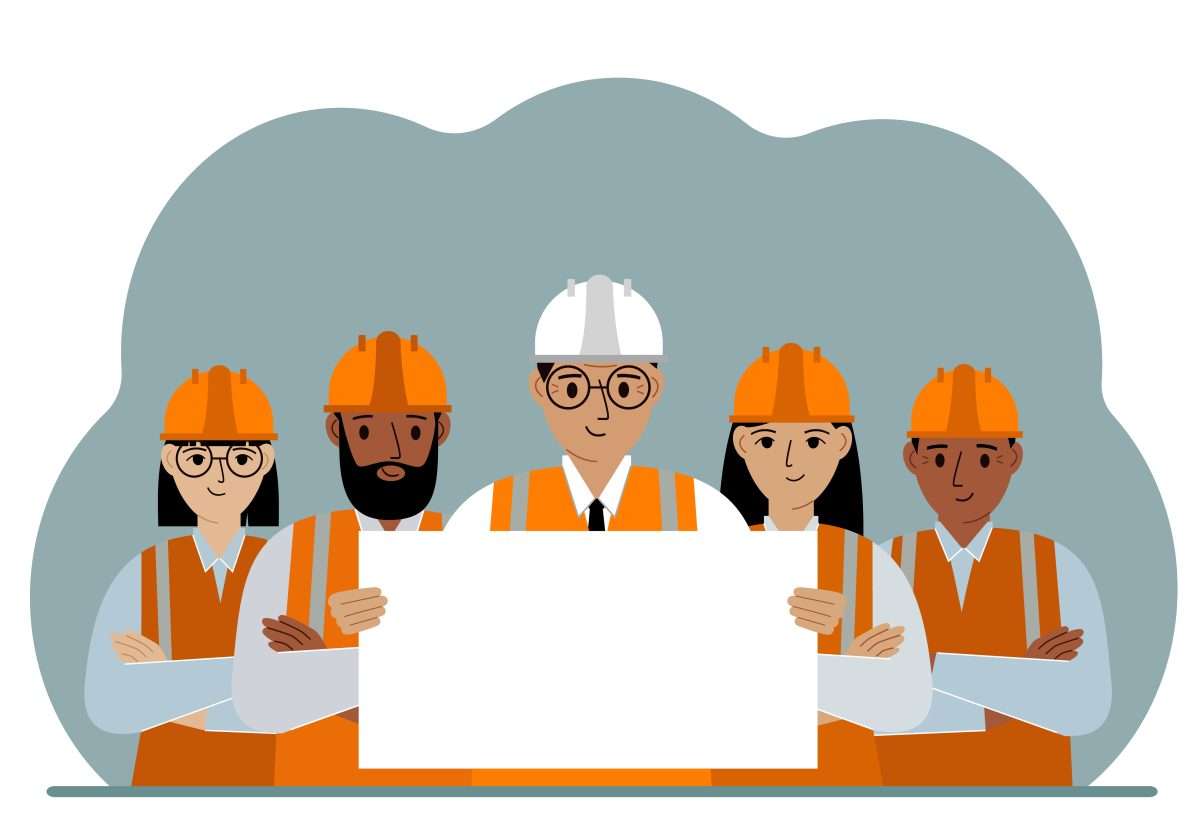 Illustrazione: gruppo di lavoratori con i caschi riuniti insieme