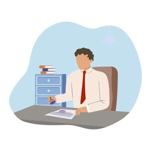 Illustrazione: datore di lavoro alla scrivania che firma documenti