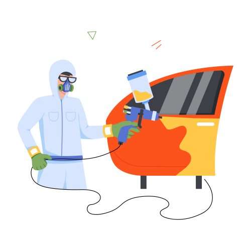 Illustrazione: operatore in tuta e maschera che verniciа a spruzzo