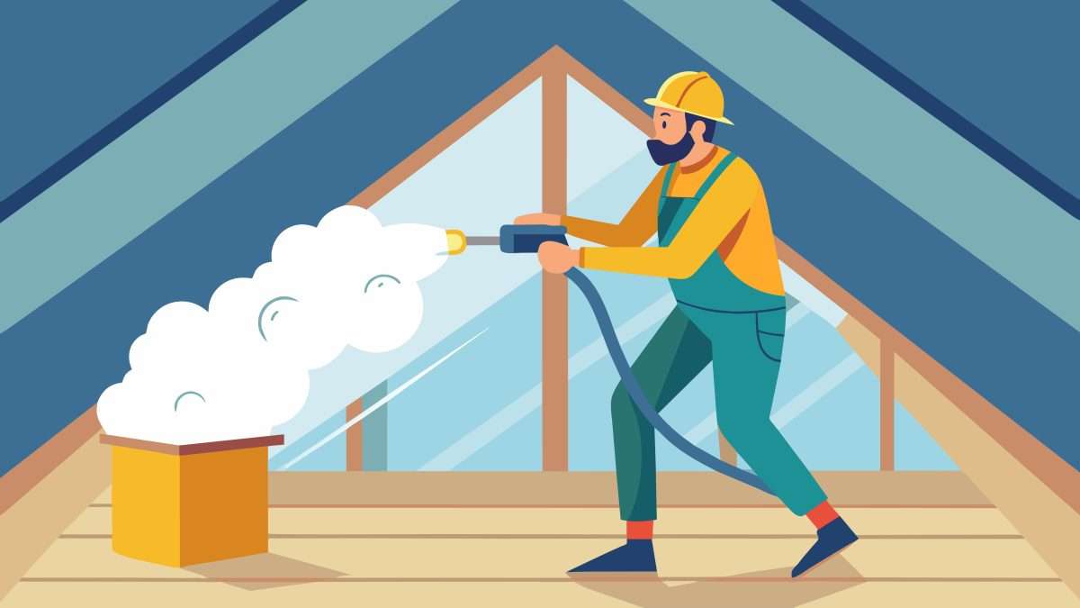 Illustrazione: operaio con casco e protezioni che applica schiuma poliuretanica