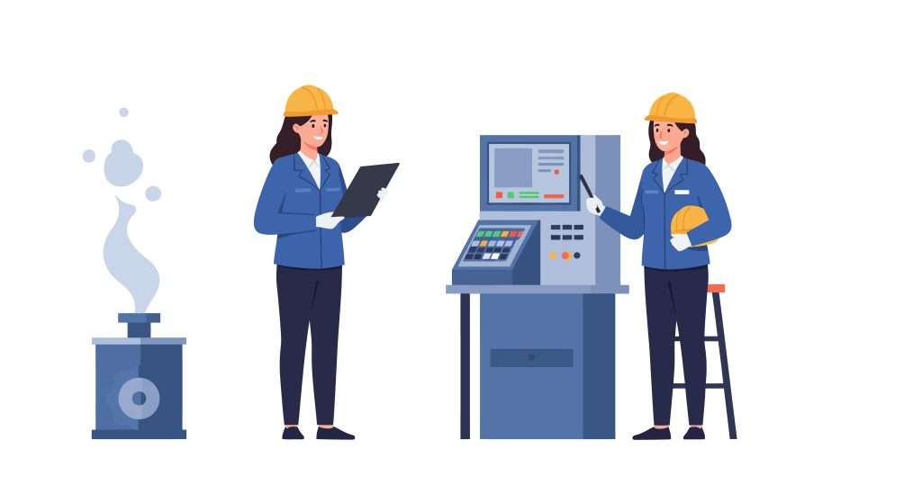Tecnici verificano una macchina industriale per escludere dispositivi di sicurezza manomessi