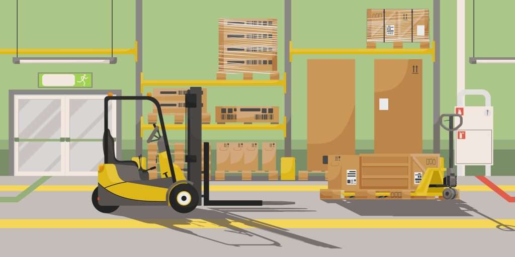 Distacco del lavoratore: carrello elevatore e corsie segnate in un magazzino, illustrazione