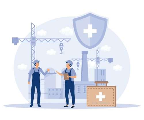 Illustrazione: due lavoratori in cantiere accanto a uno scudo di protezione e alla cassetta di primo soccorso