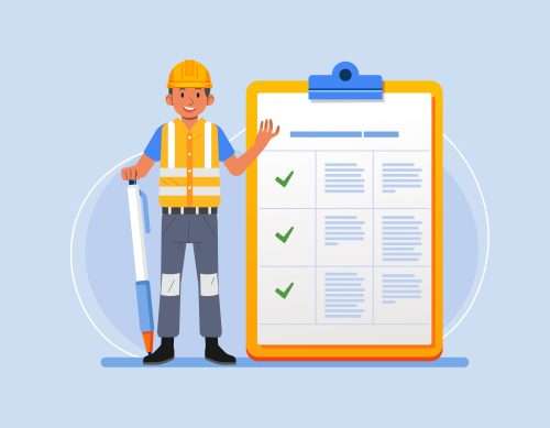 Illustrazione: datore di lavoro con elmetto accanto a una lista di verifica per la valutazione dei rischi