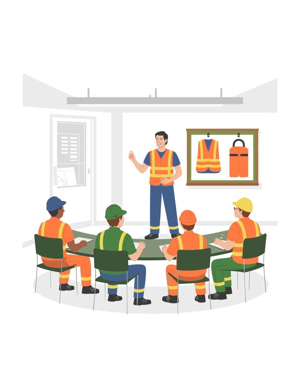 Illustrazione: formatore che spiega i rischi specifici a un gruppo di lavoratori con i dispositivi di protezione